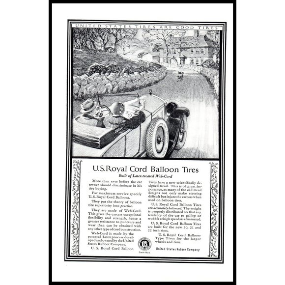 1924 United States Rubber Comapny US Royal Cord Balloon Tires Vintage Print Ad - Picture 1 of 1